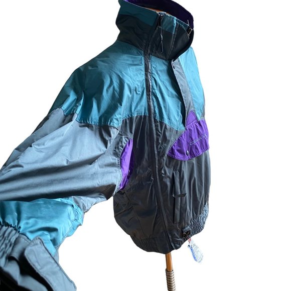 Vtg Couloir Mens Hooded Windbreaker Jacket Sz 40 Green Entrant Nylon Colorblock - Picture 16 of 16